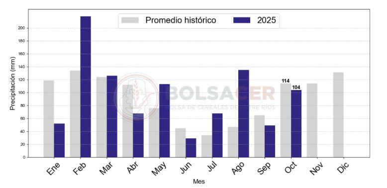 Figura 1: Promedio de la precipitación mensual en Entre Ríos versus año 2025.